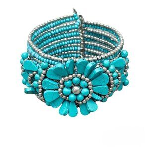 Western Boho Blue Faux Turquoise Blossom Flower Vintage Beaded Cuff Bracelet